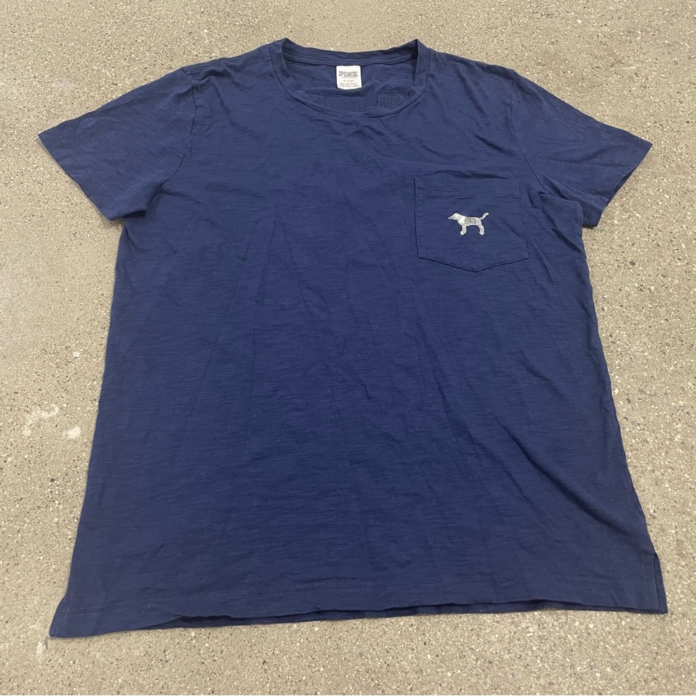 Navy Victoria's Secret PINK Sequin Shine Campus Short Sleeve Tee size Medium - Picture 6 of 8